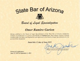 Criminal Law Specialist Certification by State Bar of Arizona